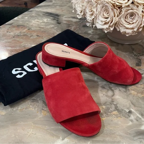 Schutz Red Suede Slide Sandals - Picture 2 of 8